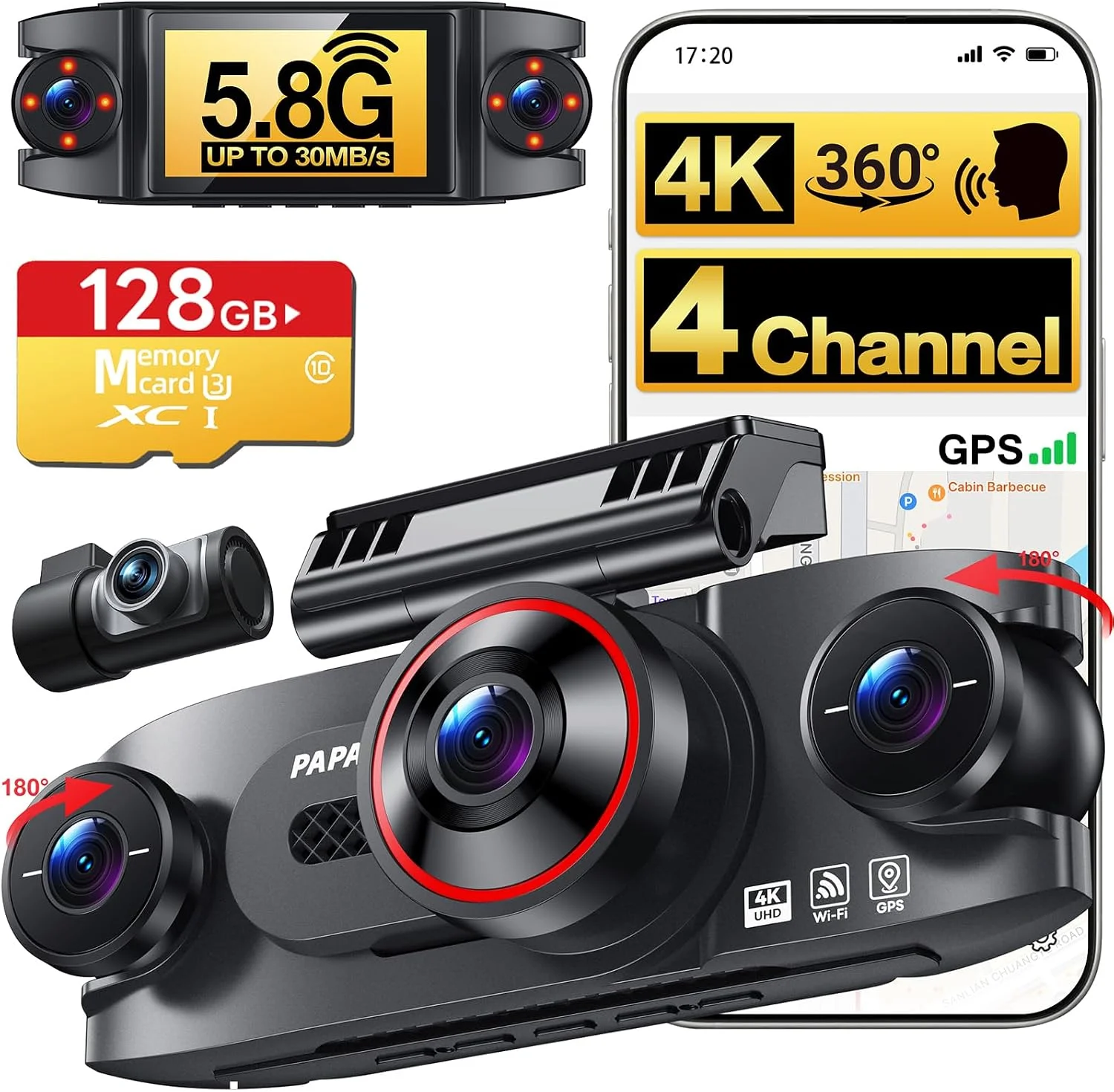 4 Channel 360° Dash Cam, 4K Front + 1080P Rear/Left/Right, 5GHz WiFi 30MB/s