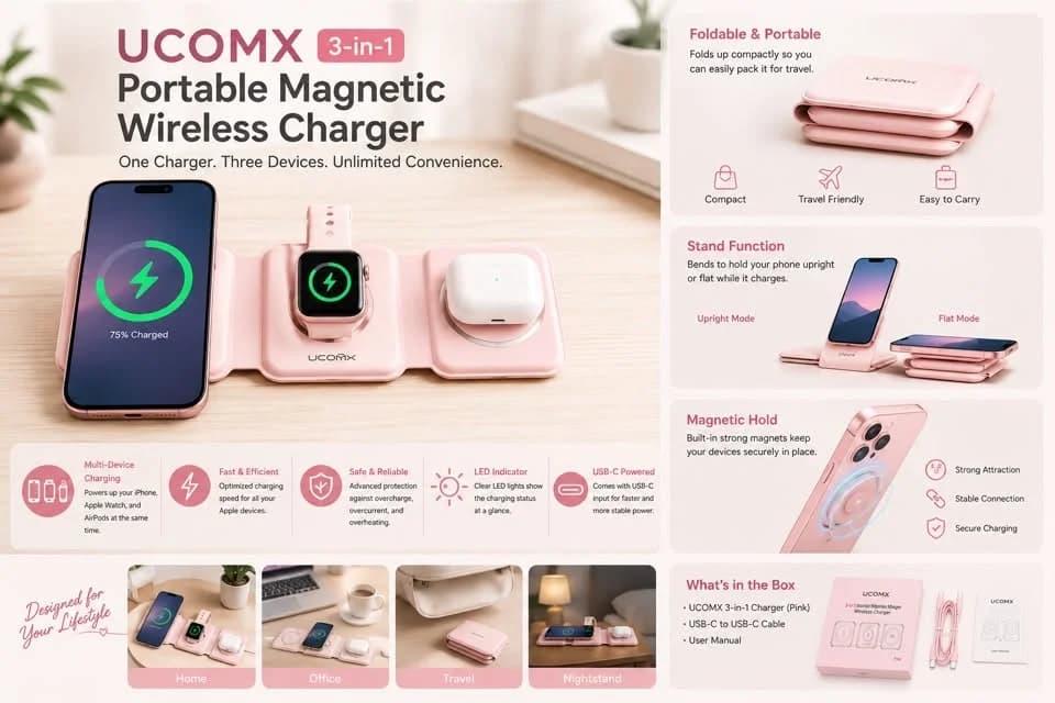 UCOMX- Foldable Travel 3-in-1 Magnetic Wireless Charger Portable Charging Station Pink color